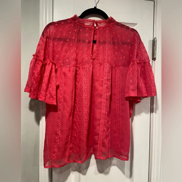 Aqua Pink High Neck Ruffle Sleeve Embroidered Flowy Babydoll Blouse Size M - Picture 8 of 11